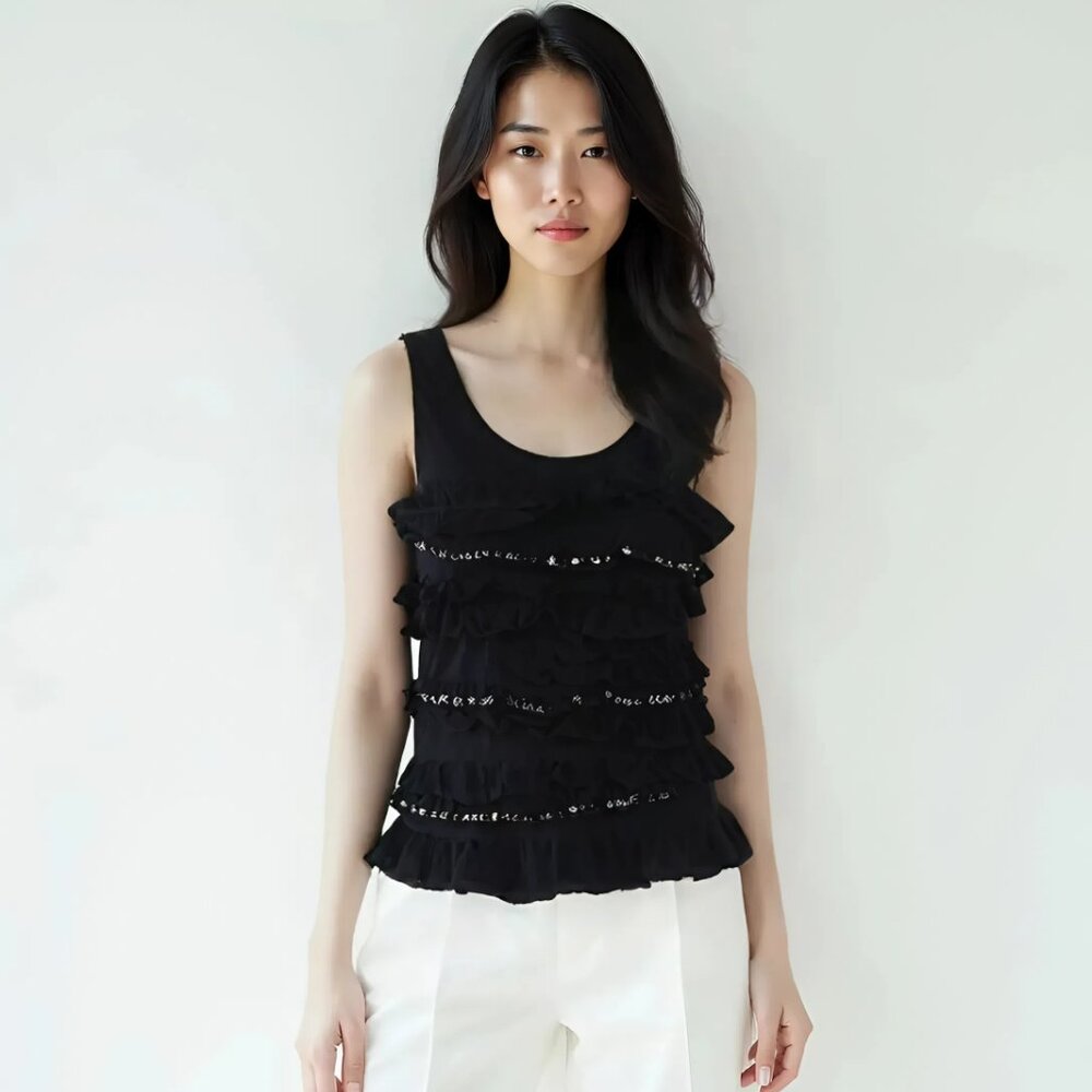 J. Crew Layering Black Tiered Ruffle Sequins Scoop Neck Tee Tank Top Blouse XS
